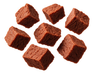 Multiple cubes of raw beef meat arranged neatly on transparent background.