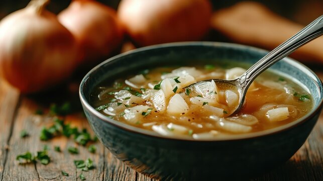 A hearty bowl of onion soup garnished with fresh herbs presents a warm and inviting culinary experience, showcasing comfort and homeliness in food presentation.