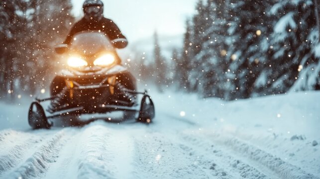 An enthusiastic snowmobile rider speeds through a snowy landscape, exemplifying adventure and excitement in winter sports amid a picturesque and serene forest setting.