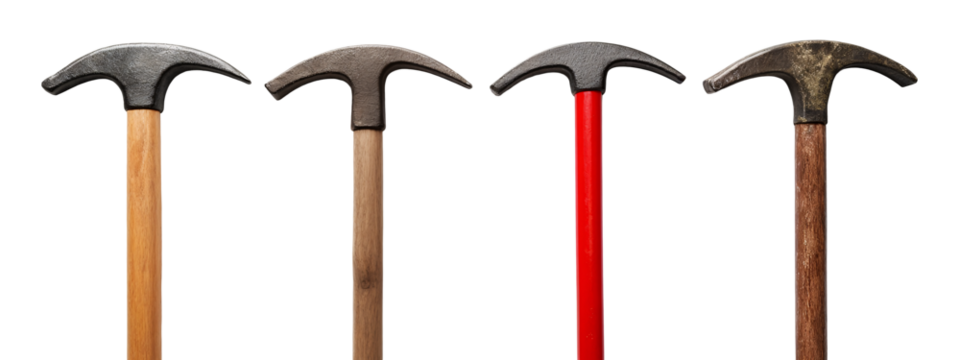A row of three different colored hammers