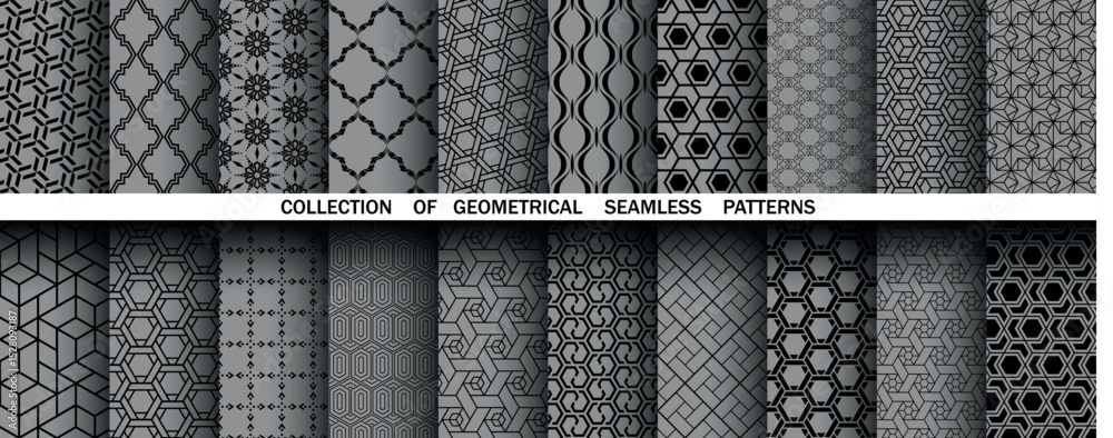 Poster Geometric set of seamless black and gray patterns. Simple vector graphics