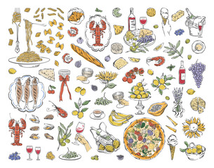 Italian food and drink hand drawn colorful set. Whimsical Mediterranean vintage style food, pizza, pasta, fruits, seafood, and wine. For menu design, branding, packaging, poster, and postcard.