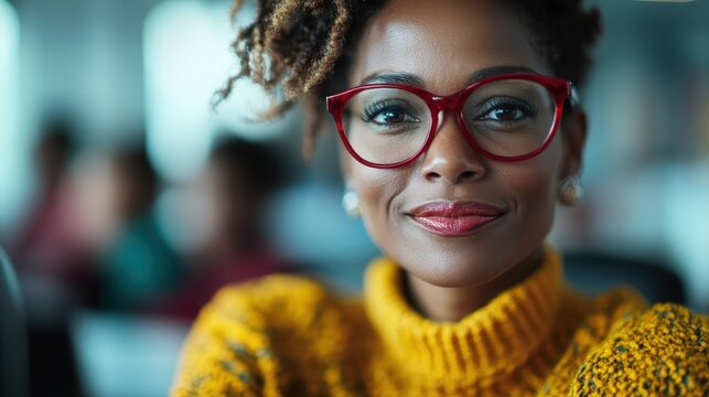 A stylish woman with vivid red glasses and a captivating smile, exuding confidence and charm, making this image ideal for branding in fashion or lifestyle sectors.