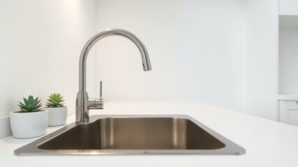 Sleek Kitchen Close-up on a Modern Stainless Steel Sink with Minimalist Faucet and Small Potted Plants on a Bright White Countertop