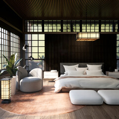 Bed room Japanese traditional and mattress bed modern and decoration to make the room look culture . 3D rendering