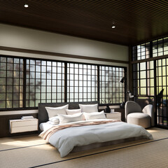 Bed room Japanese traditional and mattress bed modern and decoration to make the room look culture . 3D rendering