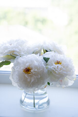 A beautiful bouquet of white artificial peonies stands on a windowsill in a transparent vase and looks like real flowers