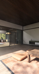 Japanese traditional low table and decoration on minimal muji room japan style.3D rendering