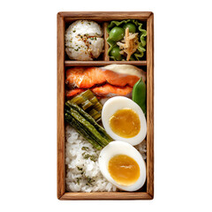A beautifully arranged bento box featuring salmon, rice, vegetables, and eggs on a wooden tray