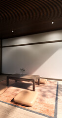 Japanese traditional low table and decoration on minimal muji room japan style.3D rendering