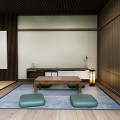 Japanese traditional low table and decoration on minimal muji room japan style.3D rendering