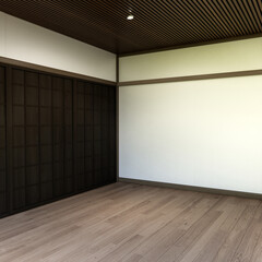 Muji style Empty room minimal with wood panels wall background 3D illustration rendering
