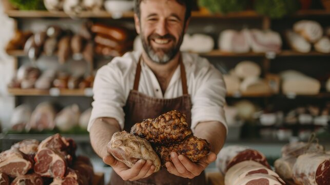 A cheerful butcher presents an assortment of fresh meats, highlighting the art of traditional meat selling in a vibrant market atmosphere filled with various delicacies.