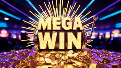 Mega win casino slots jackpot illustration with golden coins and casino machines background scene design
