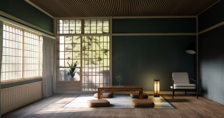Japanese traditional low table and decoration on minimal muji room japan style.3D rendering