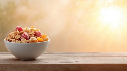 A vibrant bowl of cereal topped with fresh raspberries and apricots, beautifully illuminated by soft sunlight, inviting a delicious and healthy breakfast experience.