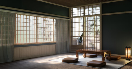 Japanese traditional low table and decoration on minimal muji room japan style.3D rendering