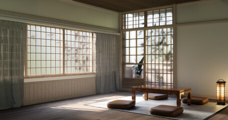 Japanese traditional low table and decoration on minimal muji room japan style.3D rendering