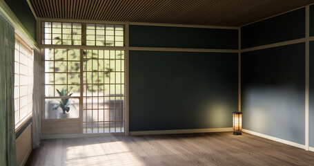 Cool colors give a feeling of coolness and calmness. Japanese traditional room, Mock up empty room and decoration room japan style.3D rendering