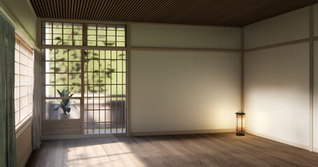Muji style Empty room minimal with wood panels wall background 3D illustration rendering
