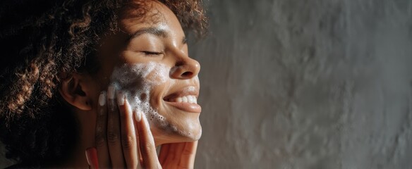 The woman enjoying her skincare routine with a joyful smile and cleansing bubbles.