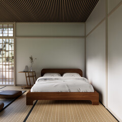 Bed room Japanese traditional and mattress bed modern and decoration to make the room look culture . 3D rendering