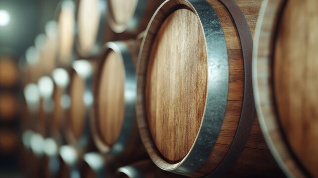 This image showcases a series of wooden wine barrels arranged in a cellar, representing tradition, craftsmanship, and the aging process of fine wines.