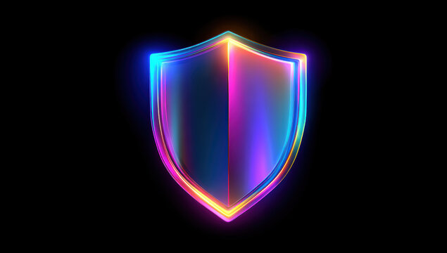 Glowing, multicolored shield on black background symbolizes digital security