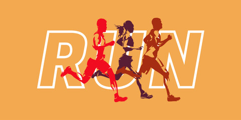 Run, group of running people, sports men and women. Set of isolated vector silhouettes, track and field athletes