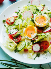 Plate with fresh spring salad of radish, cherry tomatoes, cucumber, greens iceberg and boiled eggs salad in olive oil, top view of plate with vitamin meal.