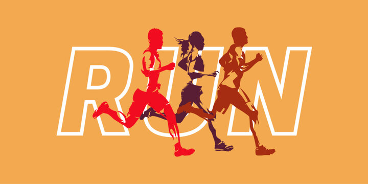 Run, group of running people, sports men and women. Set of isolated vector silhouettes, track and field athletes