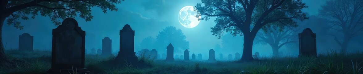 Fototapeta premium Ethereal mist hangs heavy in a serene graveyard, moonlight illuminating ancient tombstones A sense of peaceful stillness pervades, hinting at spectral tranquility , white, peace, peaceful