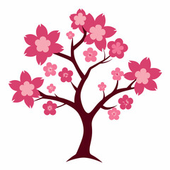 Tree with pink cherry flowers silhouette vector illustration.