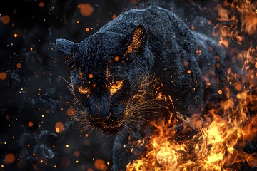 Fierce Black Panther Emerging from Flames with Intense Expression
