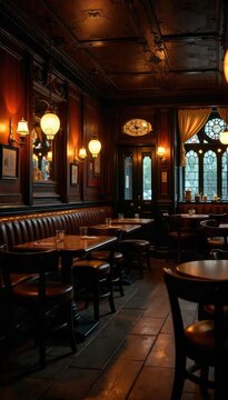 Cozy English pub interior, warm lighting, dark wood, traditional decor, inviting atmosphere, perfect for relaxing evening Enjoy a pint and the ambiance , homey, lamps, vintage