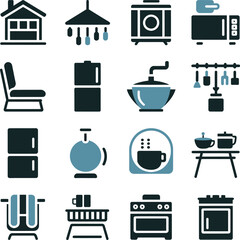 A collection of sixteen kitchen and home related icons in a grid format