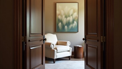 Fototapeta premium Elegant reading nook with cream armchair and artwork