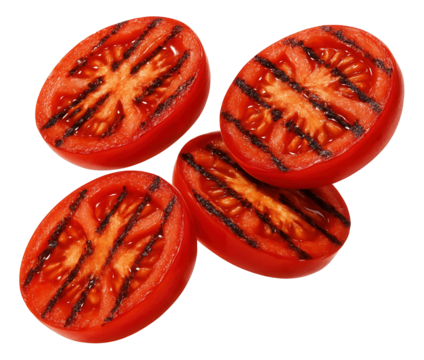 Four slices of ripe red tomato with distinct grill marks on transparent background.