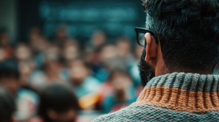 A focused individual stands before a captivated audience, showcasing the dynamics of learning and engagement in an educational environment filled with diverse participants.