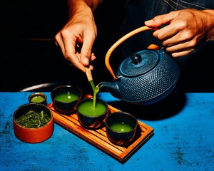 Artisan pouring green tea, highlighting cultural tradition and natural detox ritual