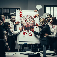 business zombies standing around a flipchart with brain.Generative AI