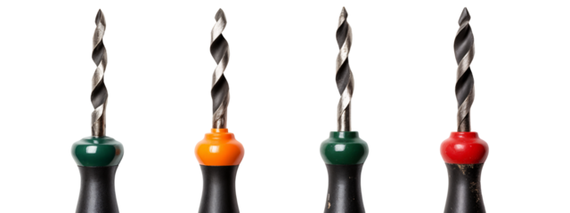 A row of four different colored drill bits