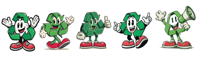 Obraz premium vintage retro style recycling symbol cartoon mascot character with expressive faces and gestures
