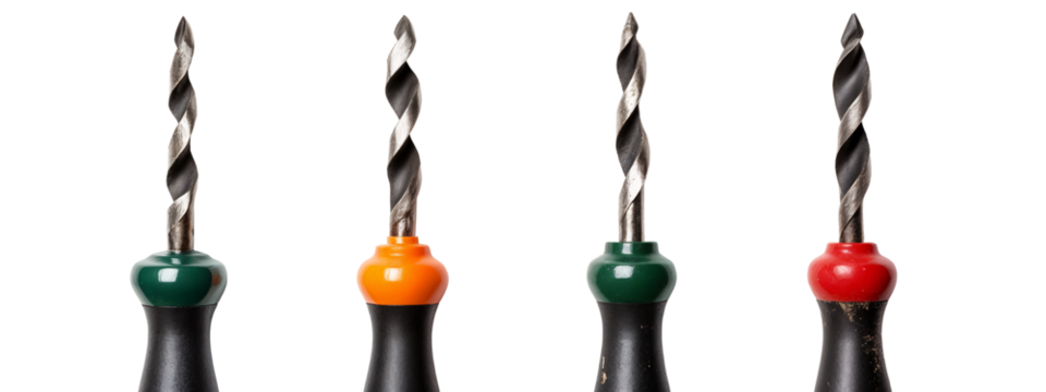 A row of four different colored drill bits