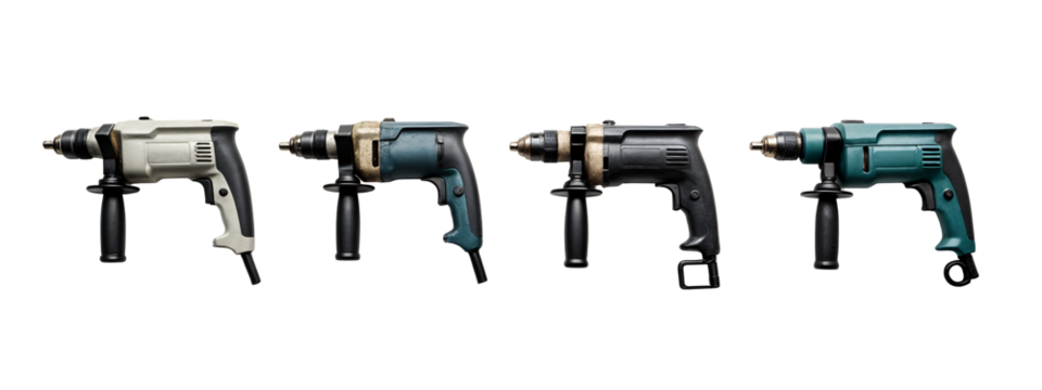 A row of four different types of electric drill machines.