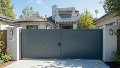 For protection and style, a modern suburban home's entry has a classic gray sliding steel gate.
