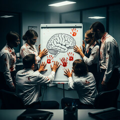 business zombies standing around a flipchart with brain.Generative AI