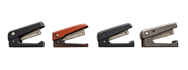 A row of four different colored staplers