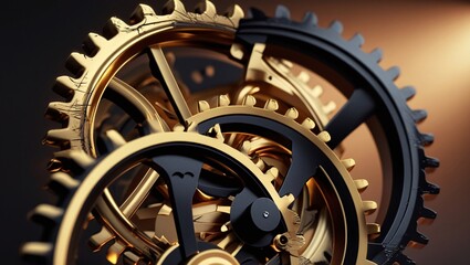 Intricate gold and black gear system close up