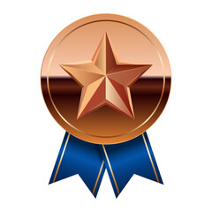 Bronze glossy mirror medal with blue ribbons and star for sport and games